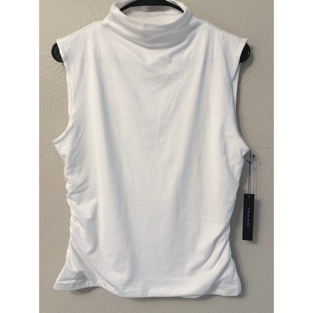 Tahari Modern Essentials White Mock Neck Ruched Sleeveless Top Large NWT